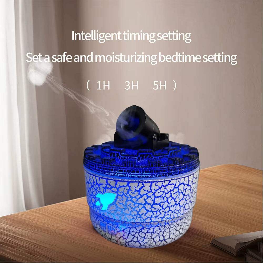 difusor de aromas CloudShot con configuración de tiempo inteligente y luz azul en un ambiente relajante.